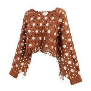 House of Harlow Knit Crochet Fringe Brown/White Shrug OS NWOT